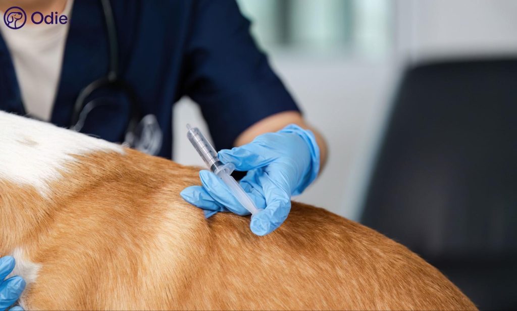 Close-up of a dog getting a vaccine injection, representing routine wellness plans and pet health insurance.