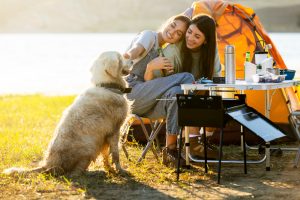 When camping with your dog, make sure to bring a sturdy leash, a portable water and food bowl, and any medications or special dietary requirements. 