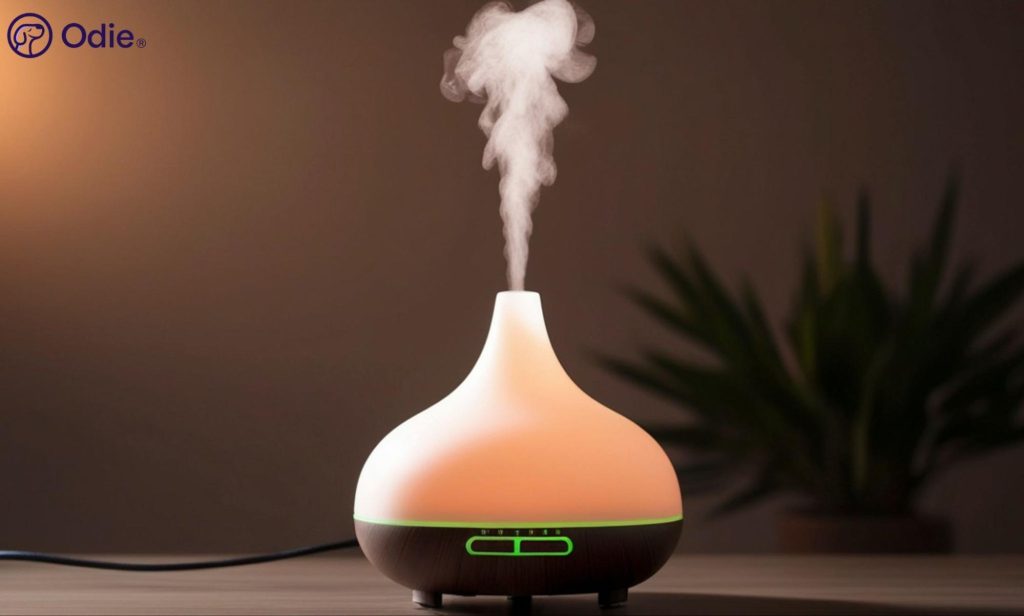 Essential oil diffuser emitting steam, illustrating safe aromatherapy practices around dogs and cats.