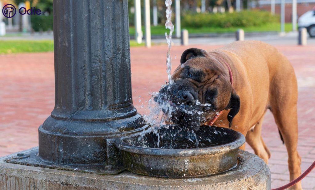 Fawn Boxer drinking water outdoors, representing active pet health protection and dog insurance coverage.