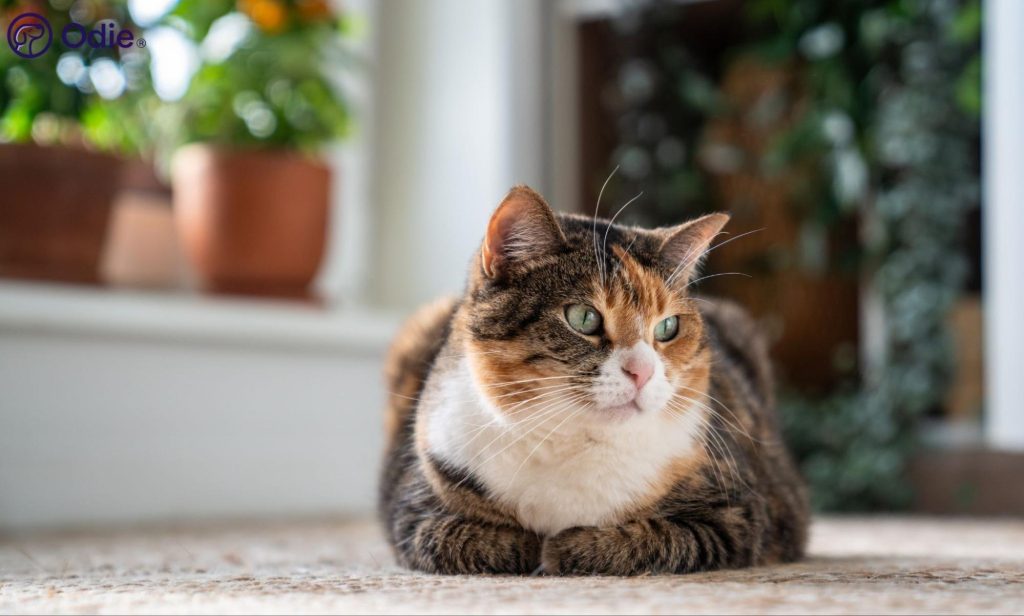 Calico cat loafing on the floor indoors near house plants, highlighting cat safety and wellness.
